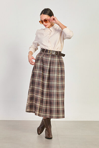 BARRELS AND OIL Γυναικεία φούστα Καρό Ζώνη τεμαχίων Με πιέτες Midi - Καφέ