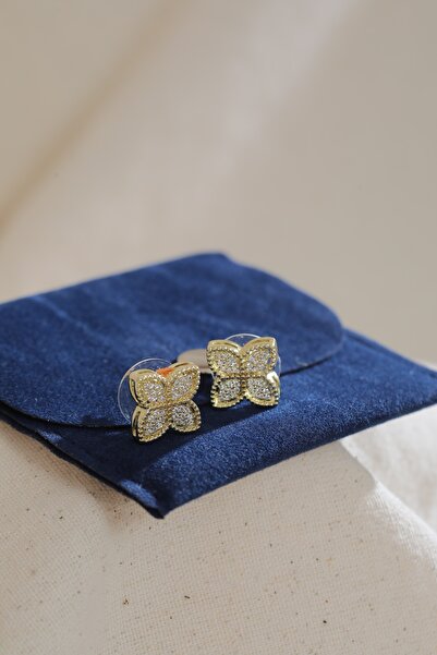 TAUFİE Golden Clover Yonca Formlu Altın Renk Çelik Kadın Küpe – Zirkon Taşlı ...