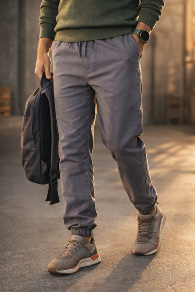 Souris بنطلون رياضي رجالي مدخن بقصة مريحة من القطن مع أربطة مطاطية عند الأرجل