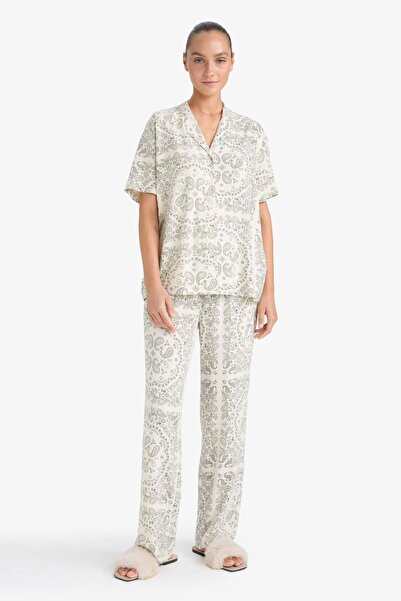 DeFacto Pajama Set Regular Fit Viscose Patterned Short Sleeve Top Long Bottom...