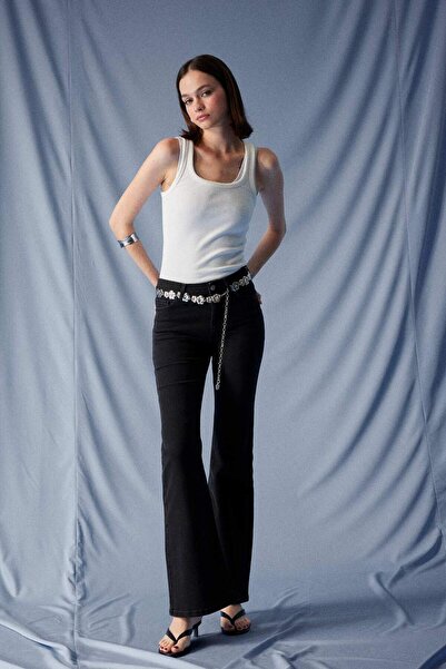 DeFacto Mia Flare Fit Κανονική μέση Ισπανική φούστα Μαύρο γυναικείο τζιν παντ...