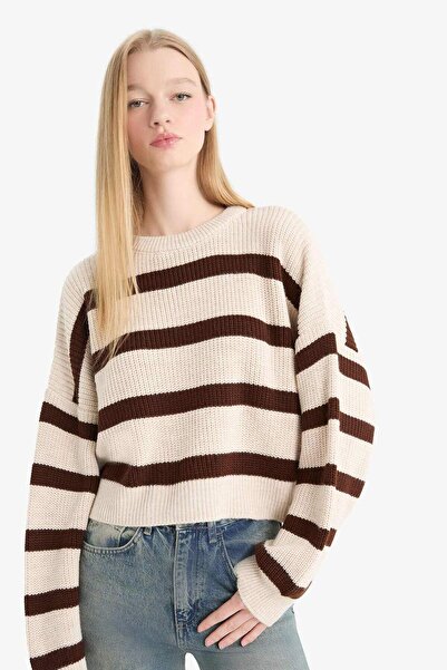 DeFacto Oversized Wide Fit Crew Neck Striped Knitwear Sweater X4931Az25Wn