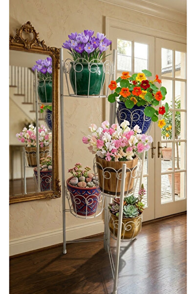 Lidya 5 Gözlü Ferforje Metal Çiçeklik - Balkon , İç ve Dış Mekan Saksılık Bit...