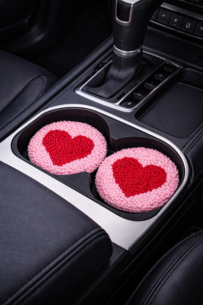 RetroNaut Punch Embroidered Heart Car Coasters (Set of 2) - Car Accessory 7cm
