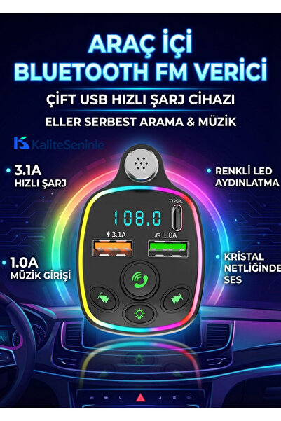KALİTESENİNLE Bluetooth Araç Kiti Araç Fm Transmitter USB Type-C MP3 SD Kart ...