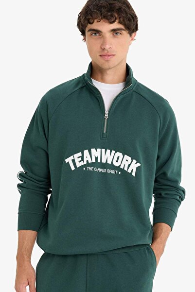 DeFacto Boxy Fit Stand Collar Half Zipper Printed Sweatshirt F0115Ax25Au