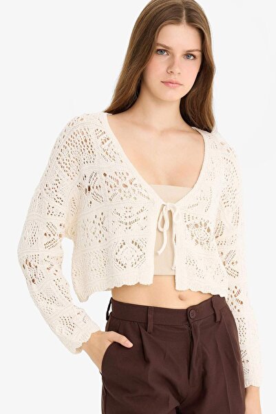 DeFacto Regular Fit V-Neck Front Tie Crochet Cardigan G0284Ax25Au