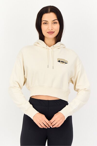 Puma هودي نسائي رياضي بأكمام طويلة مناسب للأنشطة الخارجية، لون أبيض فاتح