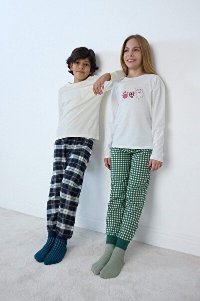 DeFacto Kız Çocuk Pijama Takımı Baskılı Uzun Kollu Üst Kareli Uzun Alt F1083A...