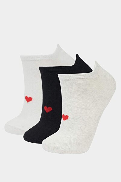 DeFacto Women's Heart Patterned 3-Piece Cotton Booties Socks F5614Axns