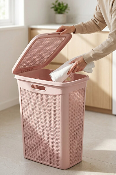 Melkan Home Kapaklı Çamaşır Sepeti 43 Litre – Örgü Desenli Plastik Kirli Çama...