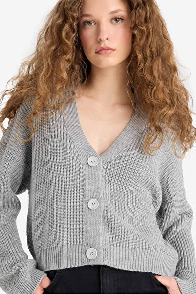 DeFacto Світло-сірий трикотажний кардиган з V-подібним вирізом та ґудзиками U...