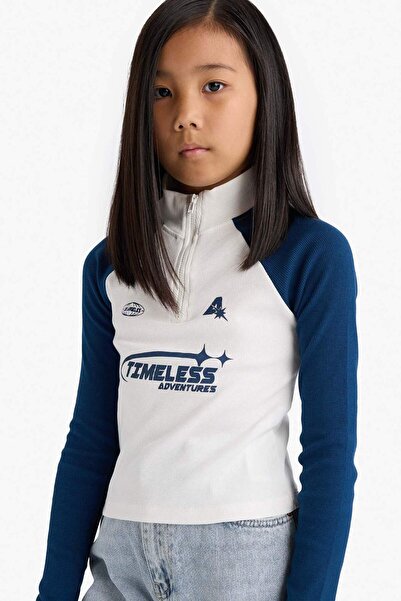 DeFacto Прилепваща блуза с яка, цип, принт и ребра, с дълъг ръкав, за момичет...