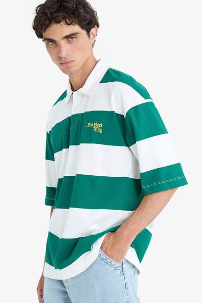 DeFacto 100% Cotton Boxy Fit Polo Neck Striped Short Sleeve T-Shirt F5919Ax25Sm