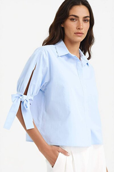 DeFacto %100 Pamuk Regular Fıt Bağlama Detaylı Poplin Gömlek F9139AX25WN