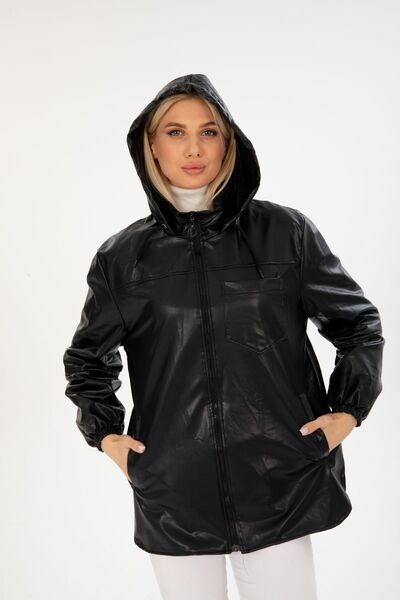 İLKCET MODA Leather Oversize Hooded Raincoat