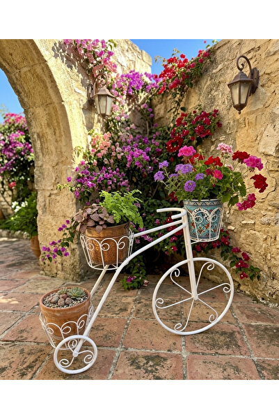 Lidya Dekoratif Metal Bisiklet Şeklinde Saksılık - Beyaz | 3'lü Çiçeklik Standı