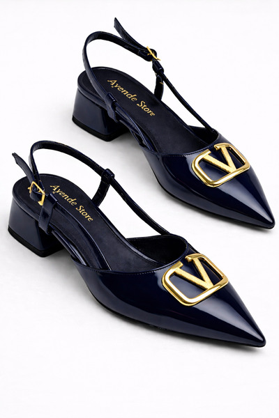 AYENDE MODA Pantofi de damă albastru marin, cu vârf ascuțit, cu cataramă și t...