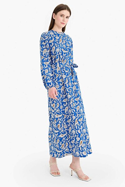 DeFacto Редовна кройка, велосипедна яка, дълъг ръкав, колан, макси рокля с мо...