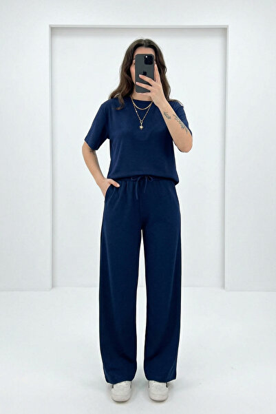 Runades Kadın Kısa Kollu Yazlık İki İplik Rahat Palazzo Paça Eşofman Takımı