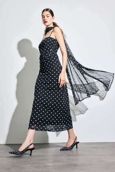 DeFacto Bodycon Body-Hugging Square Neck Polka Dot Tulle Suspender Midi Dress...