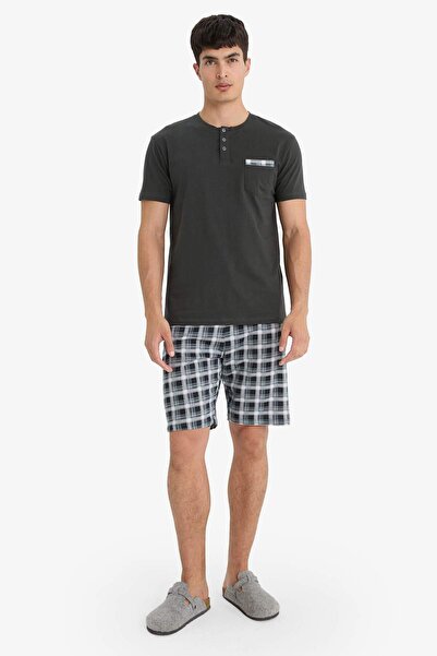 DeFacto طقم بيجامة من القطن بنسبة 100%، مقاس عادي، بأكمام قصيرة، شورت مربعات ...