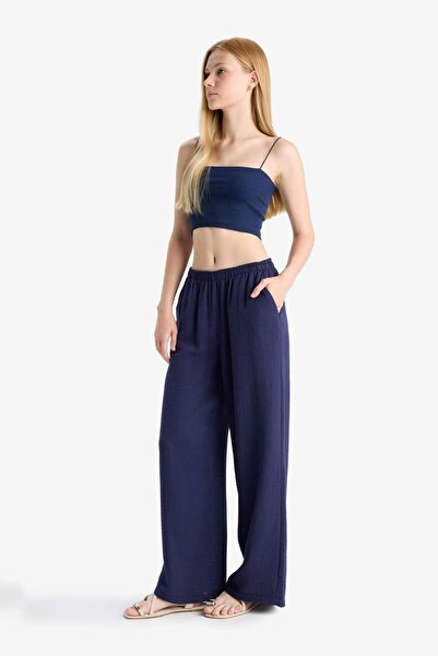 DeFacto Pantaloni din muselină cu talie normală și picior larg, 100% bumbac F...