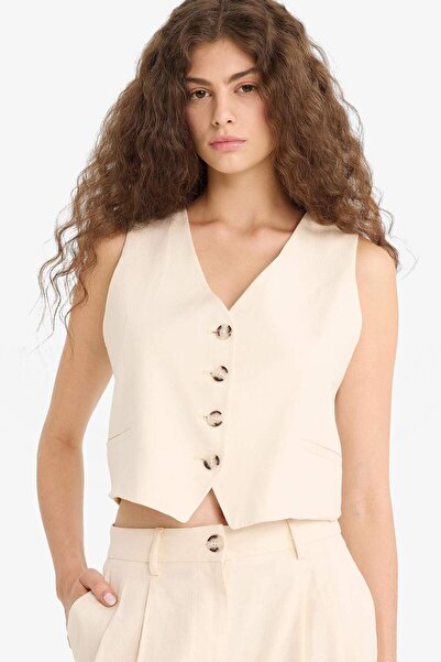 DeFacto V-Neck Linen Blend Blazer Vest E1993Ax25Sm