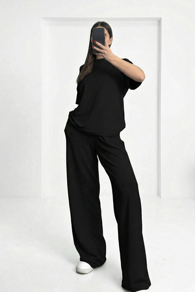 Runades Women's Short Sleeve Summer Two Thread Combed Wide Leg Sweatpants Set