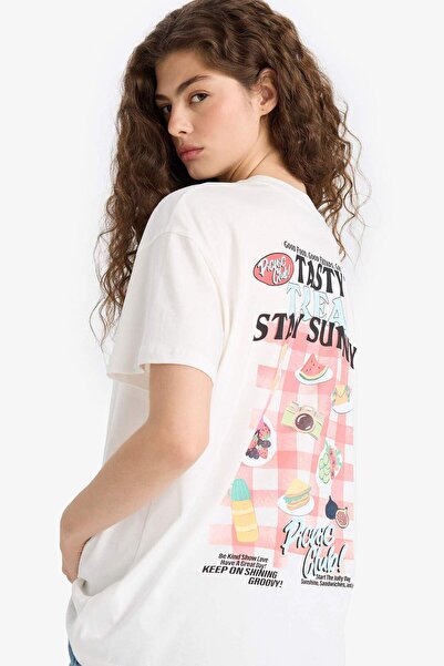 DeFacto تي شيرت كبير الحجم برقبة دائرية وأكمام قصيرة مطبوع على الظهر F6394AX25SM