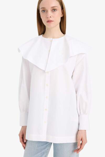 DeFacto Relax Fit Wide Collar Poplin Long Sleeve Shirt Tunic F4557Ax25Hs