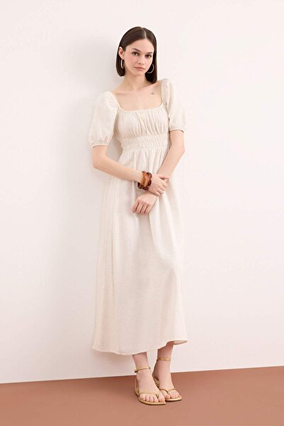 DeFacto Square Neck Linen Blend Short Sleeve Midi Summer Dress E6013Ax25Sm