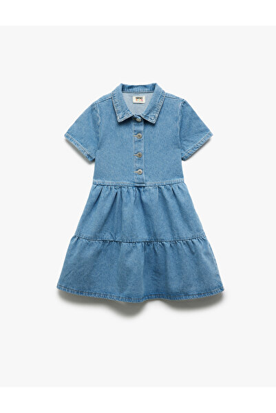 Koton Памучна дънкова рокля с яка и риза с къс ръкав