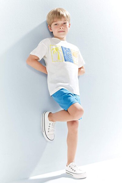 DeFacto طقم مكون من قطعتين تي شيرت مطبوع بأكمام قصيرة وشورت بخصر مطاطي للأطفا...