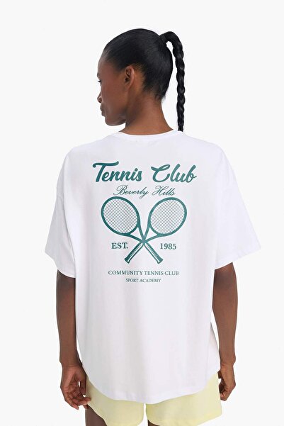 DeFacto Oversize Geniş Kalıp Bisiklet Yaka Sırt Baskılı Sporcu Kısa Kollu Tiş...