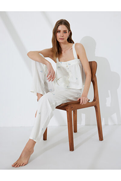 Koton Pantaloni de pijama brodați cu flori din amestec de bumbac și in, cu ta...