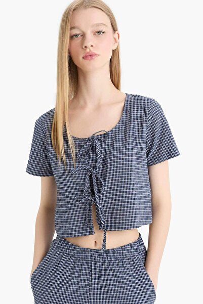 DeFacto Bluza sa V-izrezom spreda Na vezivanje Karirano Naborana tkanina krat...