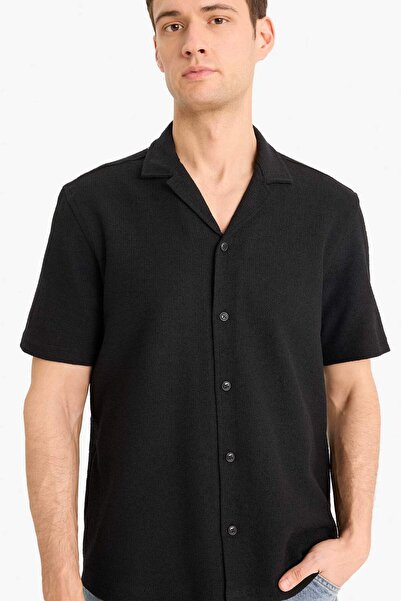 DeFacto Relax Fit Summer Apaş Collar Cotton Short Sleeve Black Shirt B4130Ax25Sp