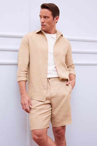 DeFacto %100 Keten Regular Fit Polo Yaka Yazlık Uzun Kollu Gömlek D9925AX25SP