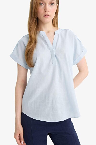 DeFacto 100 % Baumwolle, normaler Schnitt, Apaş-Kragen, kurzärmlige Bluse mit...