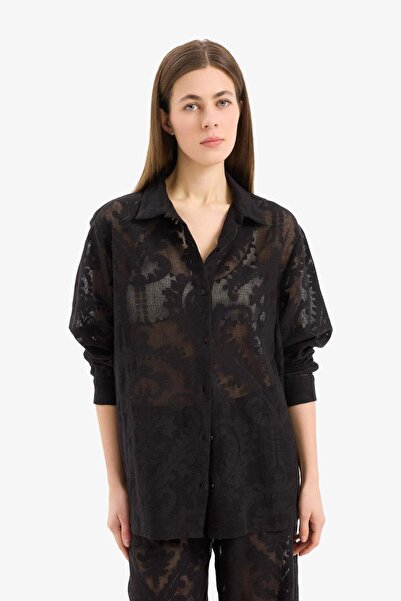 DeFacto 100% Cotton Regular Fit Lace Detailed Beach Shirt D9768Ax25Sm