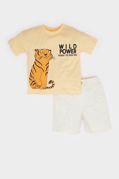 DeFacto 2er-Set Tiger bedrucktes Kurzarm-T-Shirt und elastische Shorts für Ba...