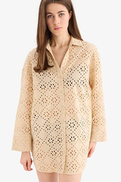 DeFacto Cămașă de plajă din bumbac cu broderie, croială normală C0506AX25SM