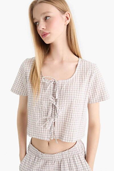 DeFacto Bluza sa V-izrezom spreda Na vezivanje Karirano Naborana tkanina krat...