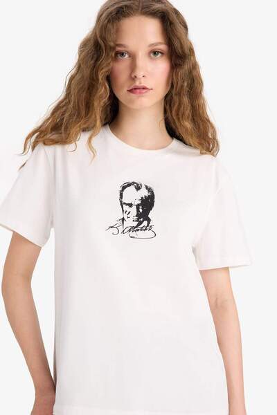 DeFacto Tricou cu imprimeu Ataturk, 100% bumbac, croială normală F6032AX25SM