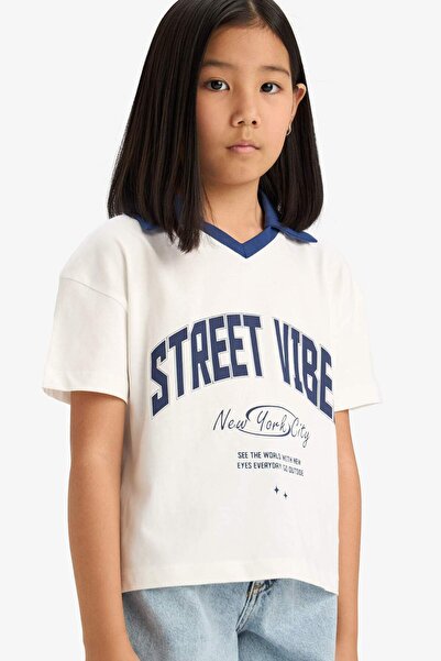 DeFacto Μπλουζάκι με φαρδιά γραμμή, γιακά πόλο, με στάμπα, κοντομάνικο, για κ...