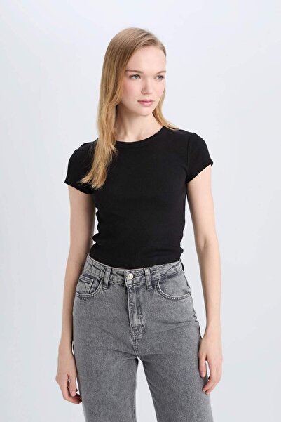 DeFacto Fitted Basic Fitilli Kaşkorse Siyah Tişört E0287AX25SM