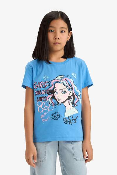 DeFacto Bedrucktes Kurzarm-T-Shirt mit Rundhalsausschnitt für Mädchen E0350A8...