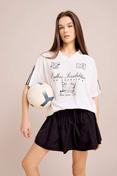 DeFacto Оверсайз широка пола с поло яка, от печатен джърси плат, с къс ръкав,...