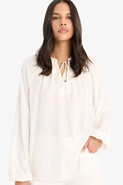 DeFacto Regular Fıt Bisiklet Yaka Krinkıl Kumaş Uzun Kollu Bluz E9429AX25SM